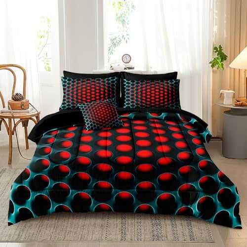 Bedbay Stereoscopic Bedding Set Red Green Honeycomb King Comforter Set 8 Pcs Geometric Bed Set with Sheets Colorful Neon Grid Bedding Quilt Set Soft Lightweight King Bed in a Bag for All Seasons - Image 1