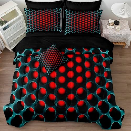 Bedbay Stereoscopic Bedding Set Red Green Honeycomb King Comforter Set 8 Pcs Geometric Bed Set with Sheets Colorful Neon Grid Bedding Quilt Set Soft Lightweight King Bed in a Bag for All Seasons - Image 4