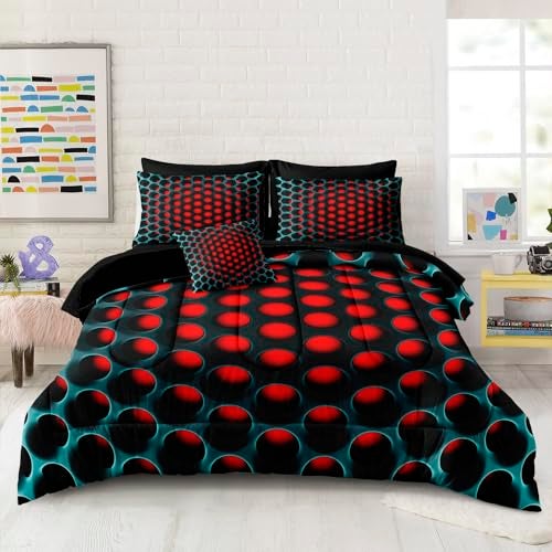 Bedbay Stereoscopic Bedding Set Red Green Honeycomb King Comforter Set 8 Pcs Geometric Bed Set with Sheets Colorful Neon Grid Bedding Quilt Set Soft Lightweight King Bed in a Bag for All Seasons - Image 5