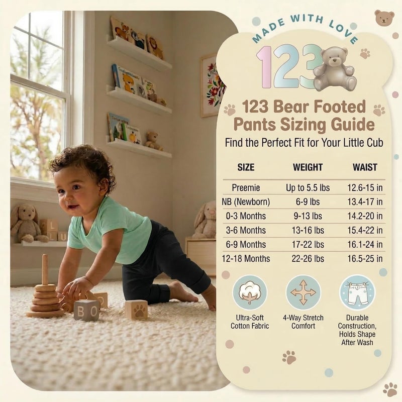 123 Bear Infant and Toddler Soft Cotton Spandex Boys and Girls Pants Multipacks (Black 2, 0-3 Months) - Image 2