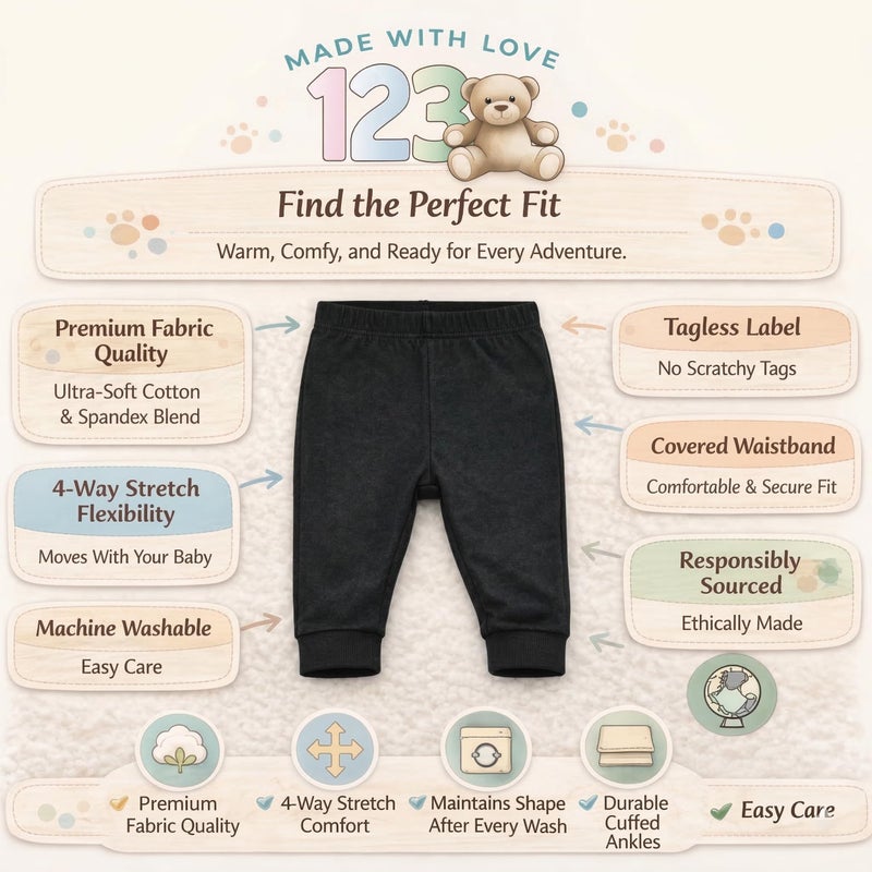 123 Bear Infant and Toddler Soft Cotton Spandex Boys and Girls Pants Multipacks (Black 2, 0-3 Months) - Image 1