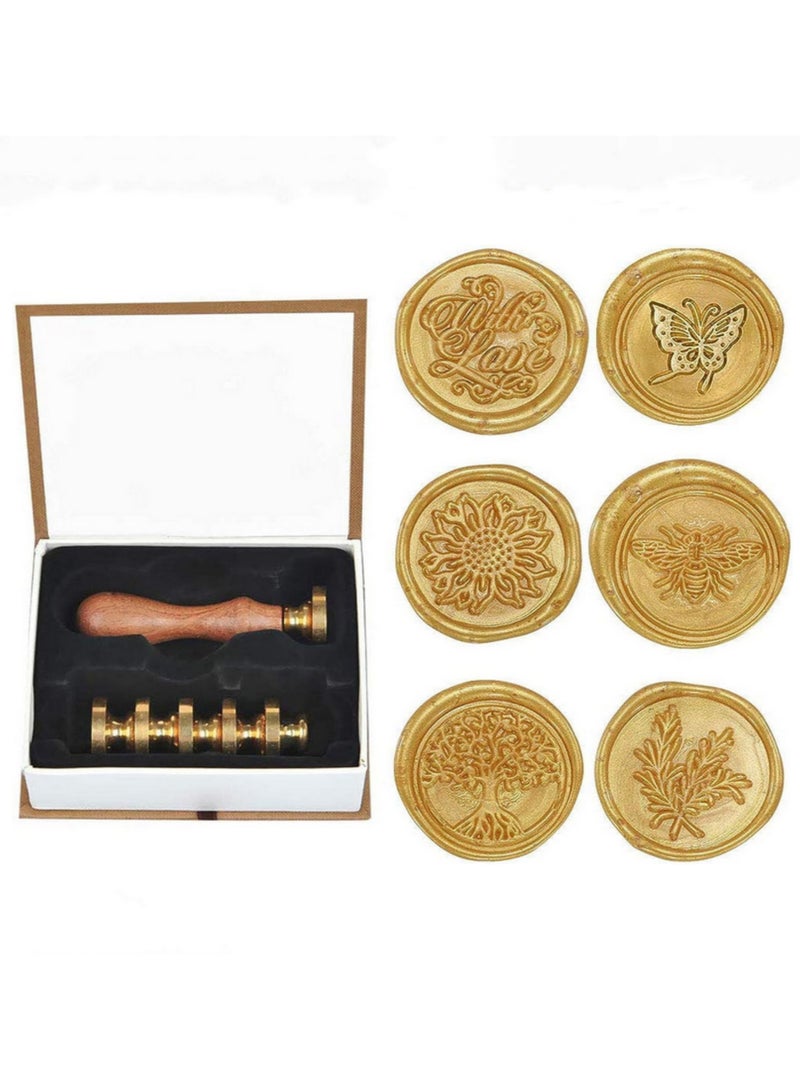 Generic 6PCS Romantic Rose Heart Wax Seal Stamp Set with Brass Head Wooden Handle for Invitations Crafts Gifts Legal Documents Security Anti Counterfeiting Packaging 90mm Length 25mm Diameter - Image 1