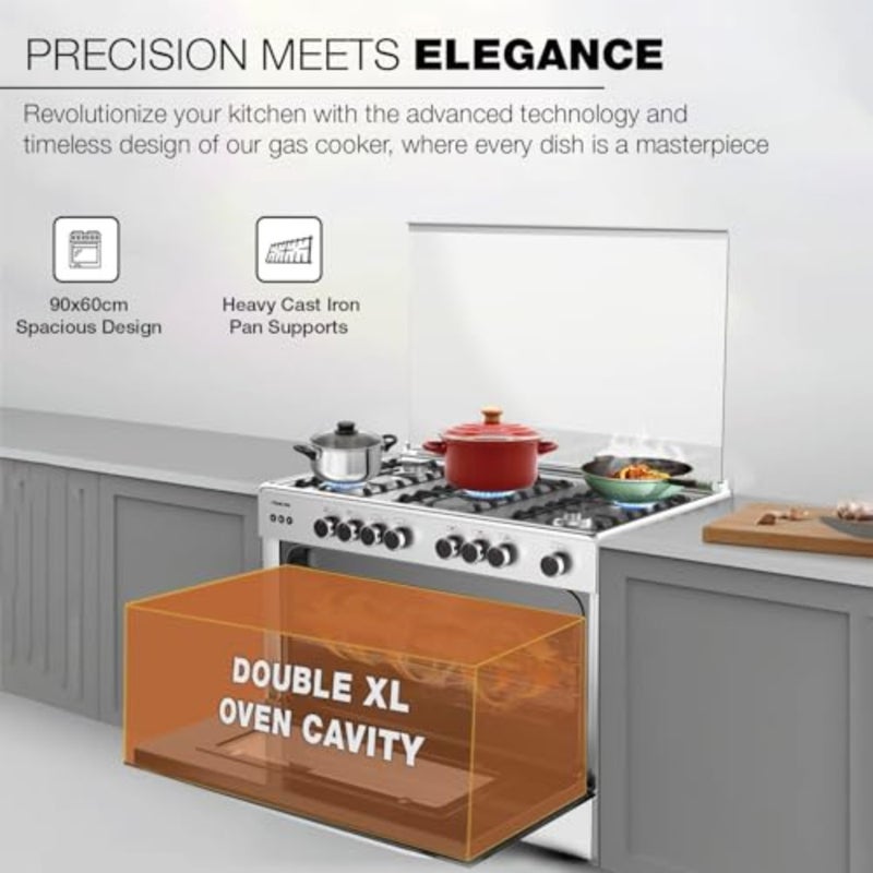 90x60cm Freestanding Cooker Gas Cooking Range with Full Safety Five Burners Cast-Iron Pan Supports Separate Knob for Oven and Grill Auto Ignition System and Double Glass Oven Door - U6090EG - Image 5