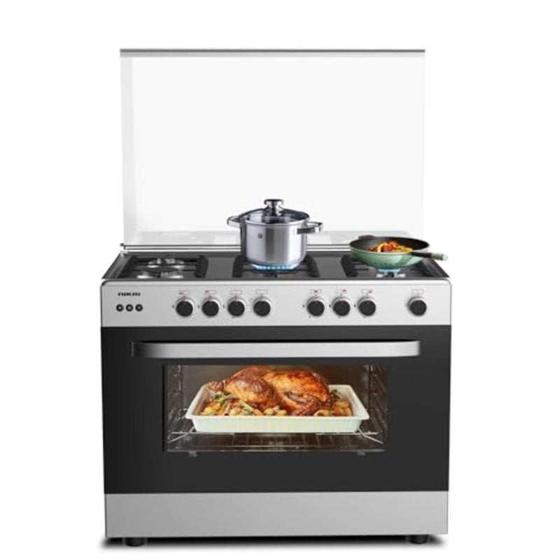 90x60cm Freestanding Cooker Gas Cooking Range with Full Safety Five Burners Cast-Iron Pan Supports Separate Knob for Oven and Grill Auto Ignition System and Double Glass Oven Door - U6090EG - Image 1