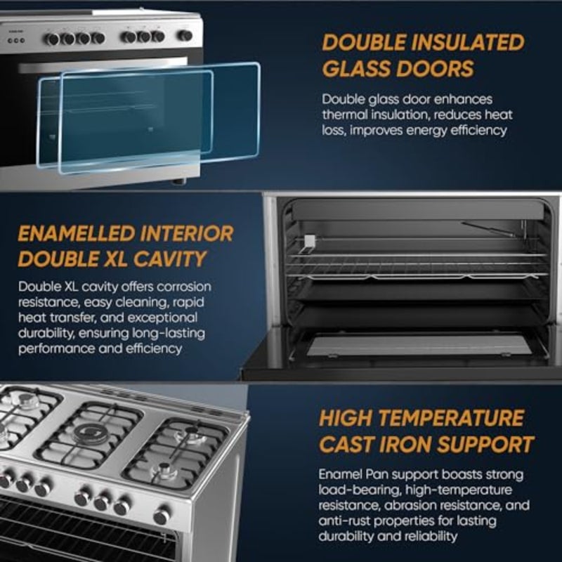 90x60cm Freestanding Cooker Gas Cooking Range with Full Safety Five Burners Cast-Iron Pan Supports Separate Knob for Oven and Grill Auto Ignition System and Double Glass Oven Door - U6090EG - Image 3