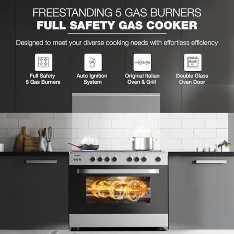 90x60cm Freestanding Cooker Gas Cooking Range with Full Safety Five Burners Cast-Iron Pan Supports Separate Knob for Oven and Grill Auto Ignition System and Double Glass Oven Door - U6090EG - Image 2