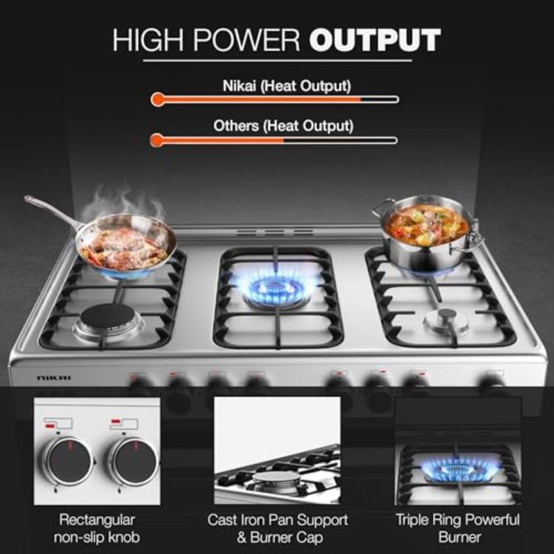 90x60cm Freestanding Cooker Gas Cooking Range with Full Safety Five Burners Cast-Iron Pan Supports Separate Knob for Oven and Grill Auto Ignition System and Double Glass Oven Door - U6090EG - Image 4