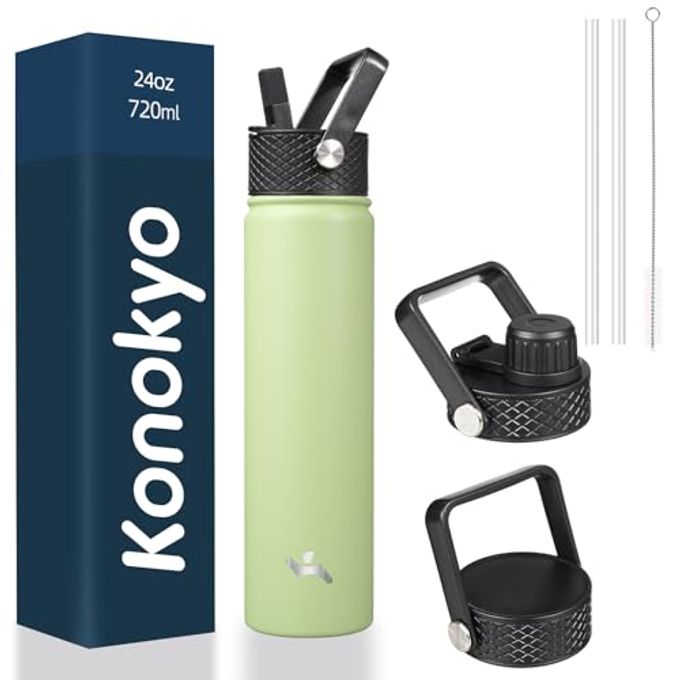 Konokyo Insulated Water Bottle 24oz Stainless Steel Sport Bottles with 3 Lids,Macaron Green