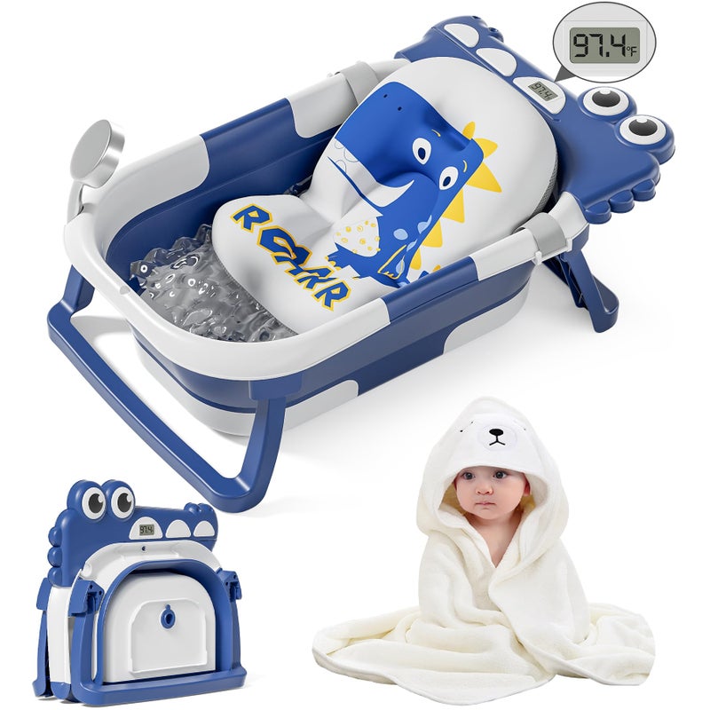MoreFeel Collapsible Baby Bathtub for Newborn with Thermometer 1 Hooded Towel 1 Soft Floating CushionPortable Travel Bathtub with Drain Hole Durable Foldable Baby Tubs for Infants to Toddler