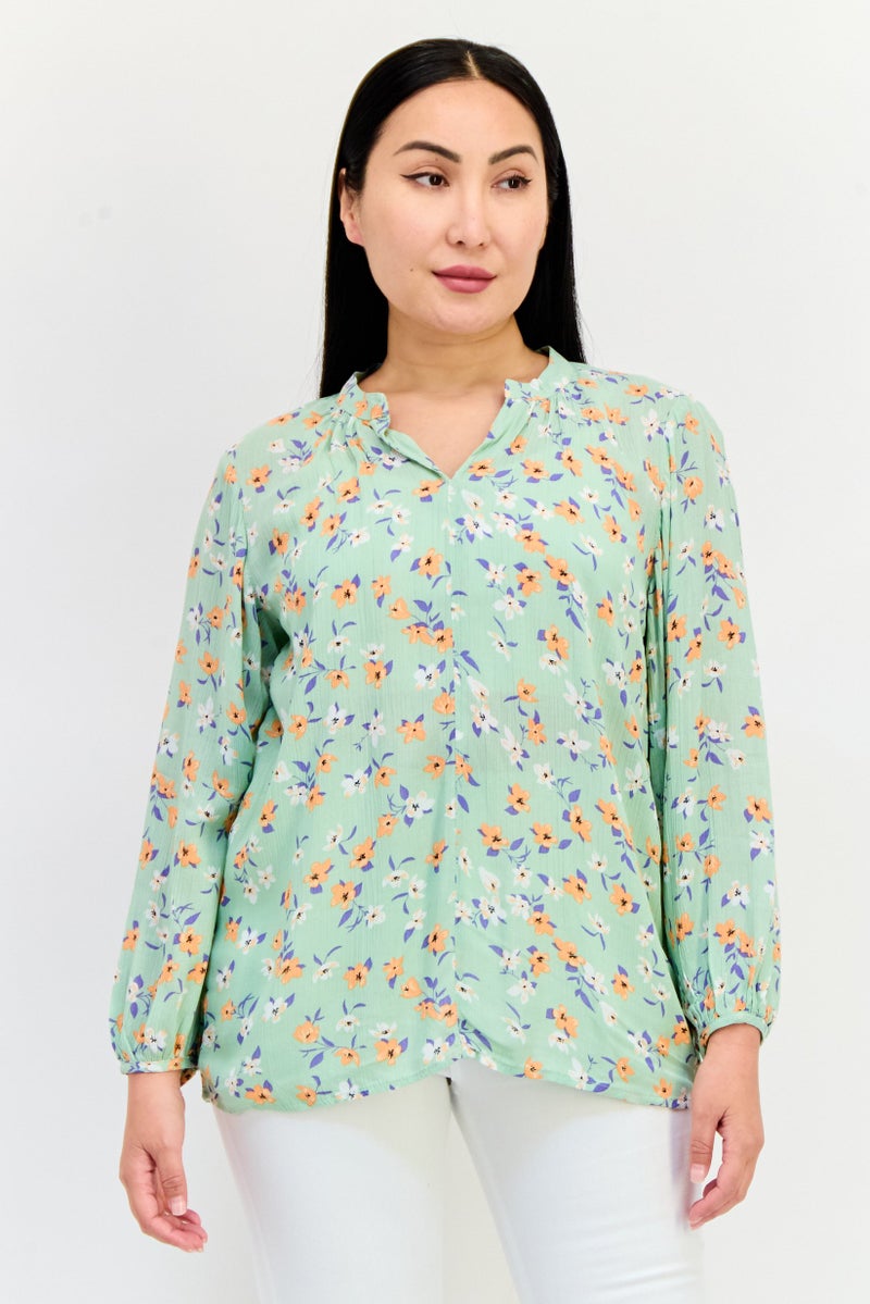 ONLY بلوزات نسائية بأكمام طويلة وطباعة زهور بفتحة عنق مقسومة، متعددة الألوان - Image 1