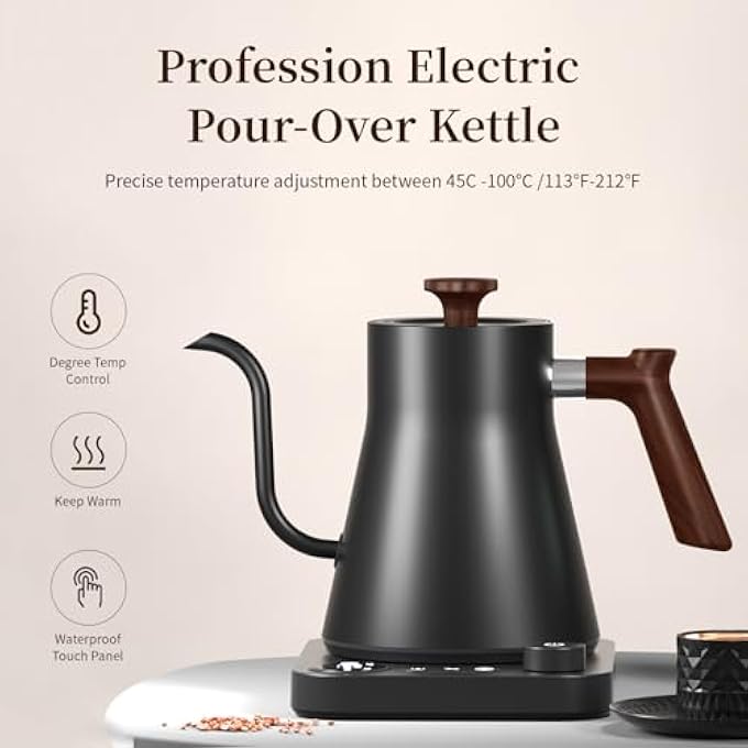 Doeek 1200W Gooseneck Electric Kettle  1L Stainless Steel Inner With Smart Temperature Control  Led Display Quick Heating For Pour Over Coffee Brew Tea Boil Hot Water Black - Image 5