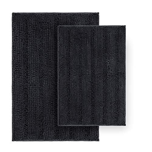 Tafts Striped Chenille Bathroom Rugs and Mats Sets, Ultra Soft Chenille Microfiber, Absorbent Non-Slip Machine Washable Bath Rugs, Bath Mat for Bathroom, Shower Mat, Tub, 20"x32" & 18"x24", Black - Image 1