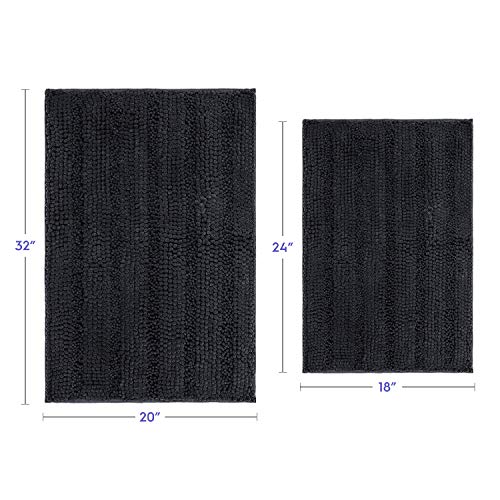 Tafts Striped Chenille Bathroom Rugs and Mats Sets, Ultra Soft Chenille Microfiber, Absorbent Non-Slip Machine Washable Bath Rugs, Bath Mat for Bathroom, Shower Mat, Tub, 20"x32" & 18"x24", Black - Image 4
