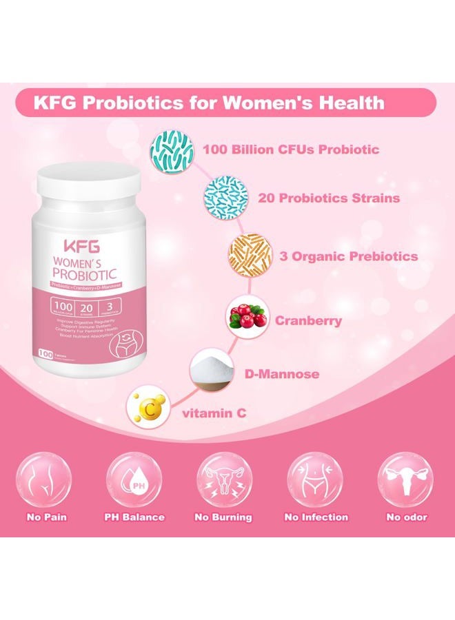 KFG بروبيوتيك للنساء، 100 مليار CFUs، 20 سلالة، مع بروبيوتيك عضوي + توت بري و D-مانوز، لتعزيز المناعة، الهضم، صحة الأمعاء، المهبل والصحة البولية، خالي من الجلوتين والألبان وفول الصويا، 100 قرص. - Image 4
