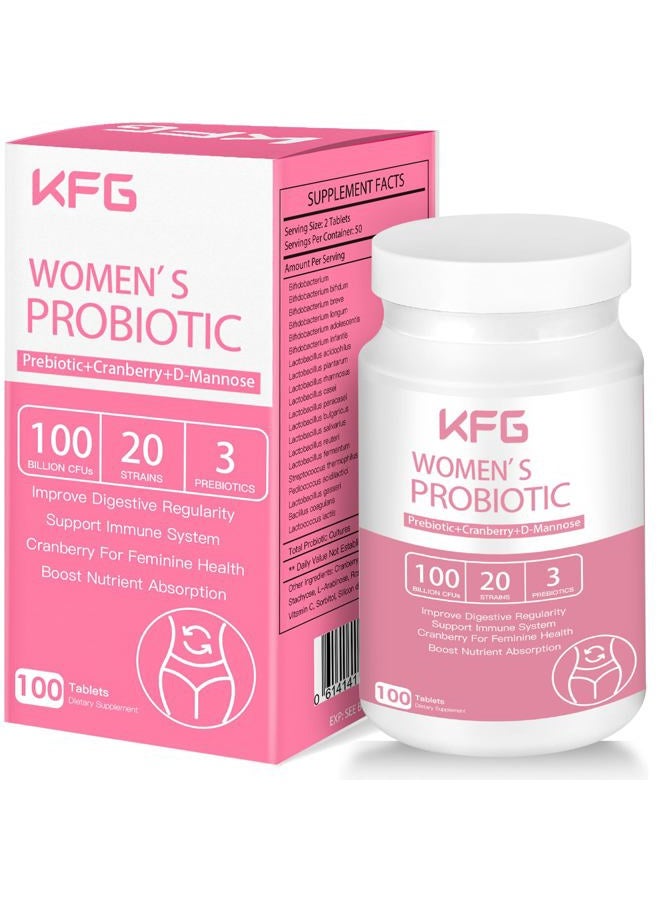 KFG بروبيوتيك للنساء، 100 مليار CFUs، 20 سلالة، مع بروبيوتيك عضوي + توت بري و D-مانوز، لتعزيز المناعة، الهضم، صحة الأمعاء، المهبل والصحة البولية، خالي من الجلوتين والألبان وفول الصويا، 100 قرص. - Image 1