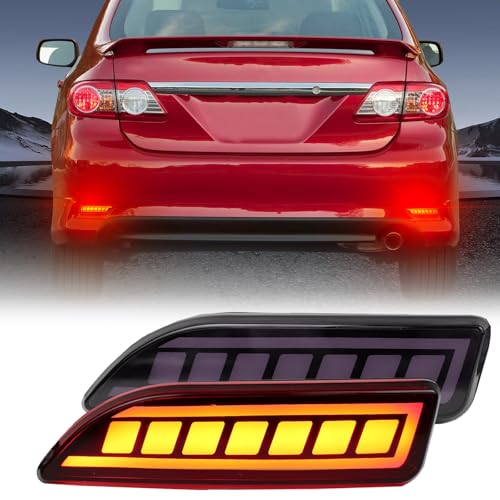 PGTOPONE Upgrade LED Rear Bumper Reflectors Light Fog Brake Tail Lamps Compatible with Toyota Corolla 2011 2012 2013 Replace OEM Stock Reflector Sequential Turn Signal Light Smoked - Image 1