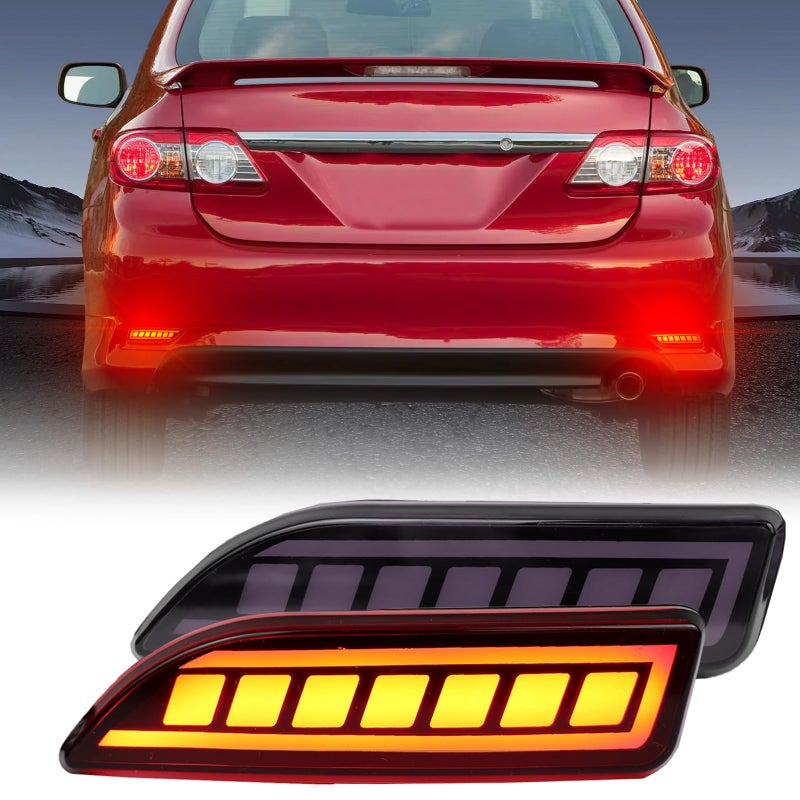 PGTOPONE Upgrade LED Rear Bumper Reflectors Light Fog Brake Tail Lamps Compatible with Toyota Corolla 2011 2012 2013 Replace OEM Stock Reflector Sequential Turn Signal Light Smoked - Image 2
