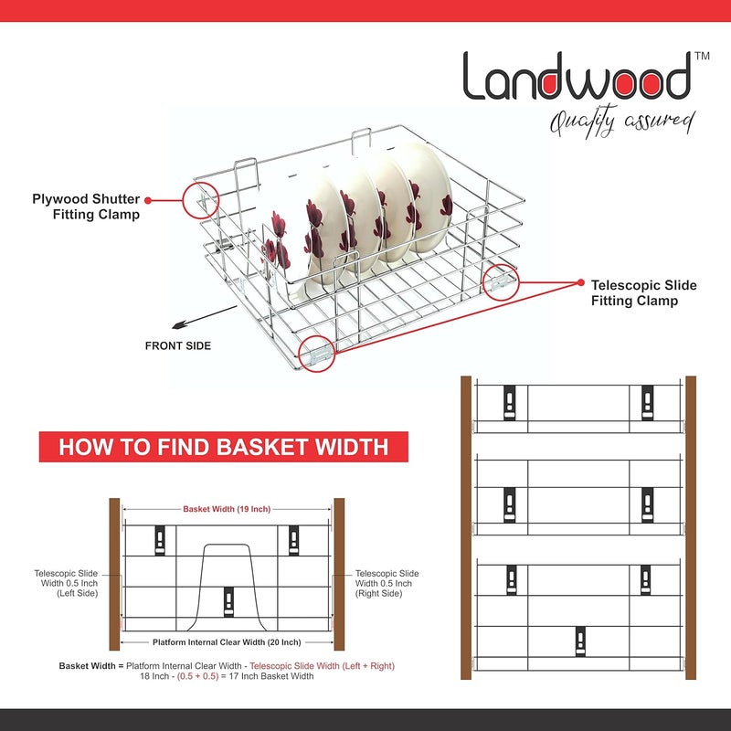 LANDWOOD Landwood set of 3 stainless steel modular kitchen basket with channel and cabinet storage drawer accessories 20X20 INCH  - Image 5