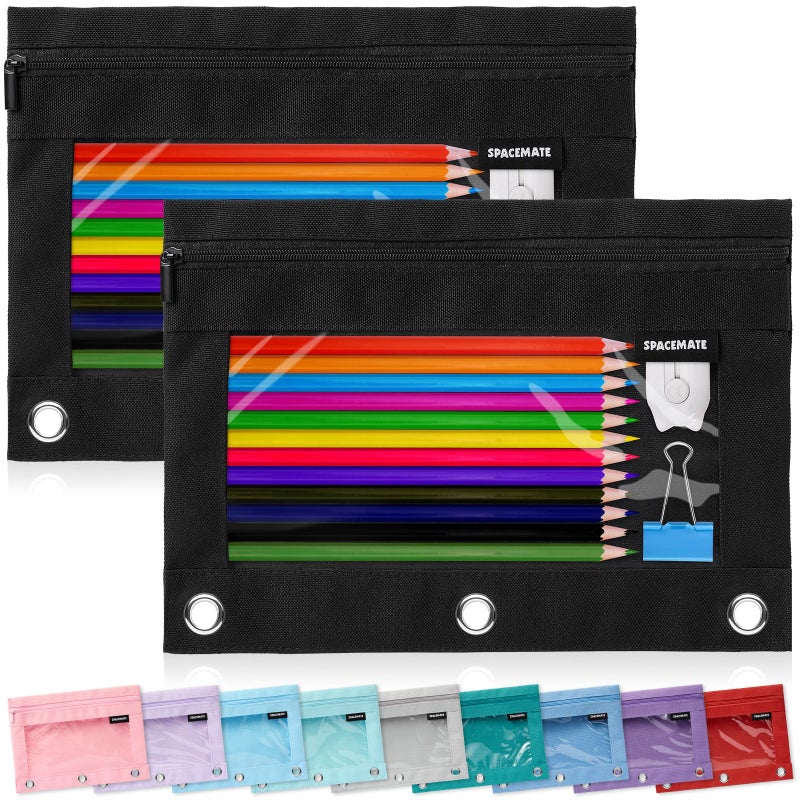 SPACEMATE 2 Pack Binder Pencil Pouch Case Box Bag for 3 Ring Binder School Supplies Girls Boys Kids, Clear Preppy Stuff Large Aesthetic Pen Organizer, Back to College Stationary, Coal Black - Image 1