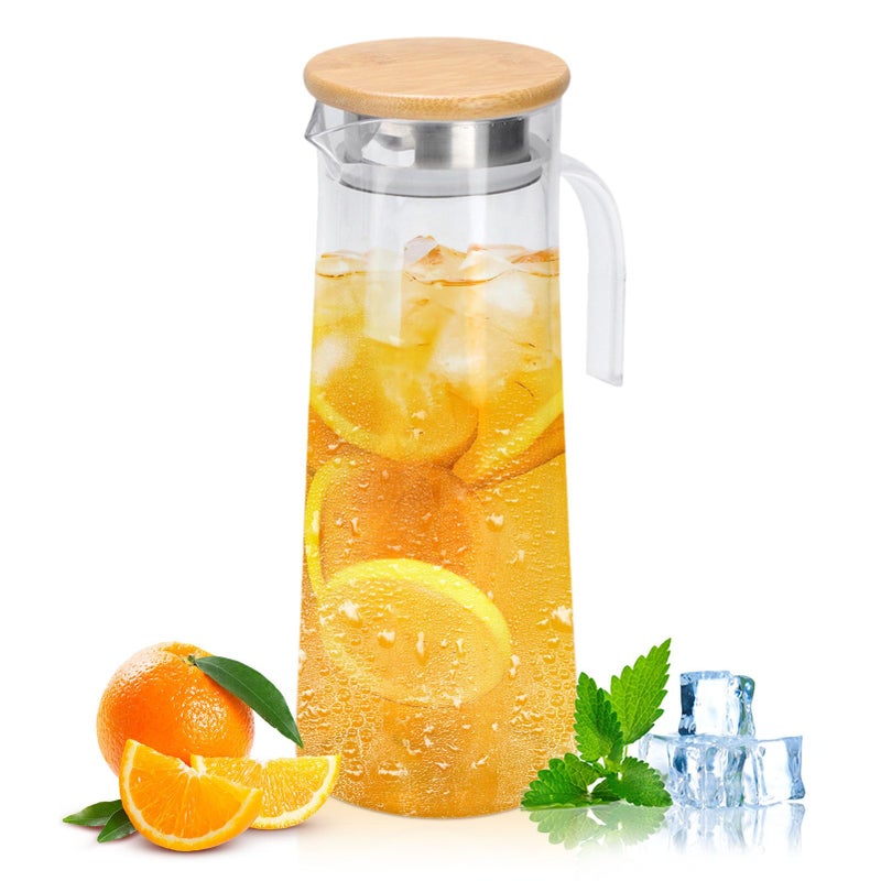 Agatige Acrylic Water Pitcher with Lid, 40 Oz Plastic Iced Tea Pitcher Water Jug Drink Pitcher Beverage Carafe for Juice Tea Coffee Milk(Bamboo Lid) - Image 1