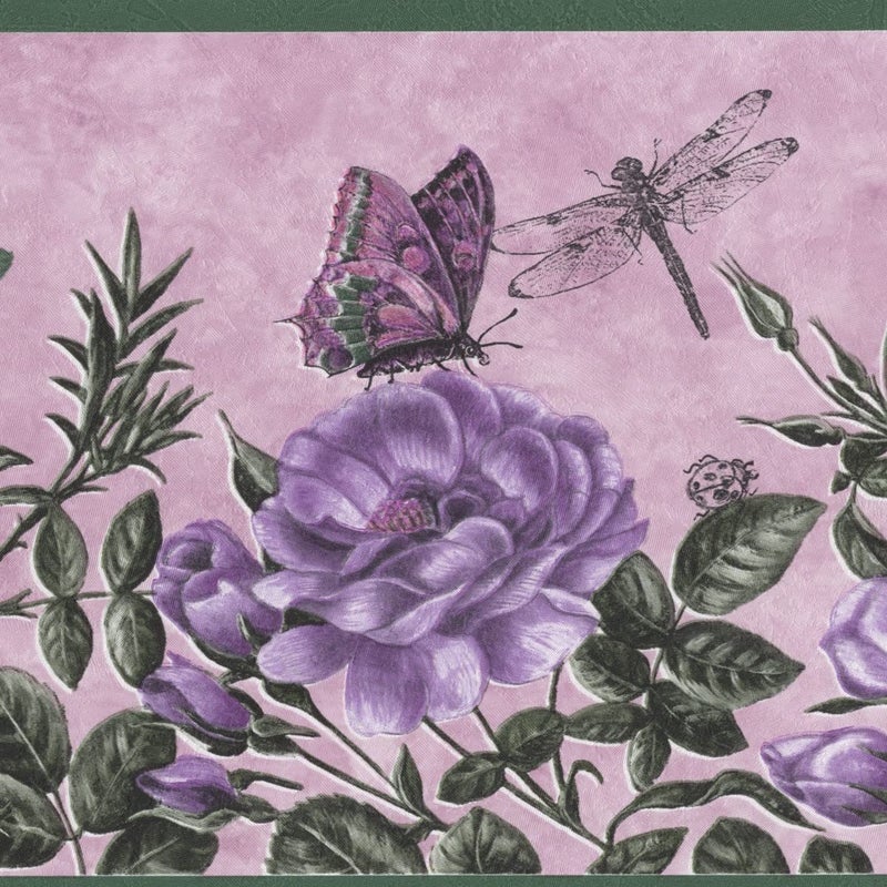 Dundee Deco Wallpaper Border Peel and Stick DDAZBD9544 Nature Pink Purple Green Butterflies Flowers Wall Border Retro Design 15 ft x 7 in 457m x 1778cm Self Adhesive