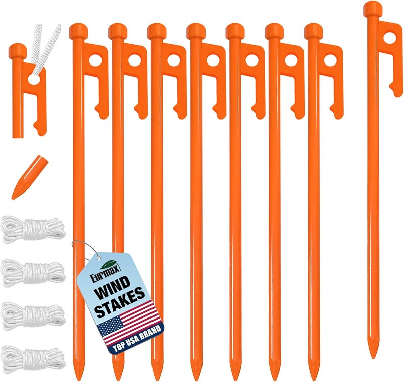 Eurmax USA 10 inch Multiuse Heavy Duty Steel Tent Stakes Tarp Pegs Camping Stakes for Outdoor Camping Canopy and tarp with 4 Ropes 10FT Length,8pcs(Orange) - Image 1