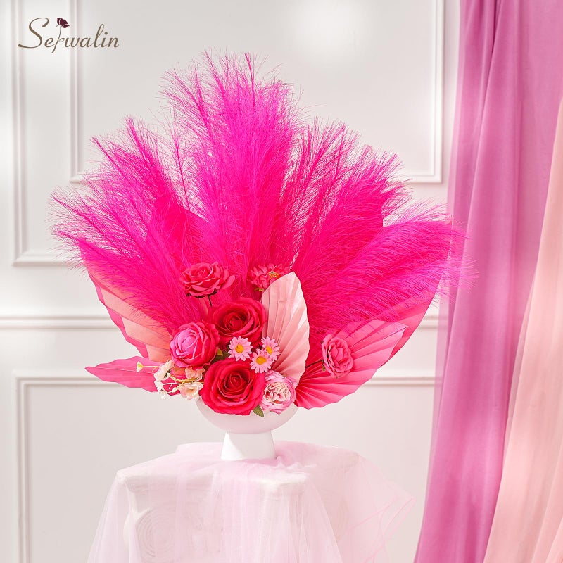 Serwalin Bright Hot Pink Pampas Grass Decor, 17.7 Inch 6Pcs Faux Pampas Grass, Artificial Pampas Grass for Wedding Table Centerpieces Decoration - Image 5