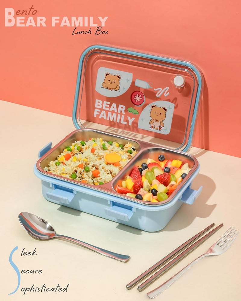 Brand Conquer صندوق غداء 2 قسم مقاوم للتسرب خالي من BPA من الفولاذ المقاوم للصدأ للمدرسة، صندوق غداء للمدرسة والمكتب مع شوكة وملعقة وزوج من عيدان الطعام (أزرق، عائلة الدببة 2 قسم) - Image 3