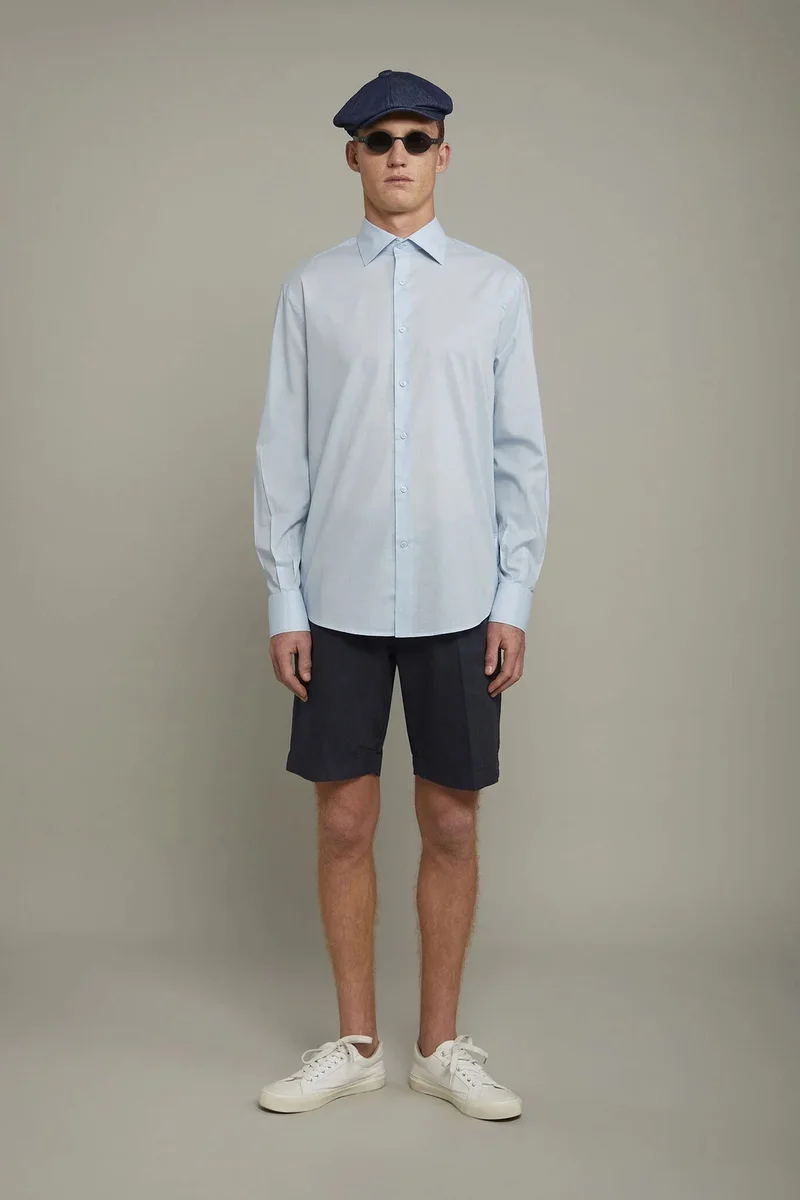دوبل غانغر Men's Casual Shirt Classic Collar 100% Cotton Muslin Fabric Solid Color Comfort Fit - Sky
