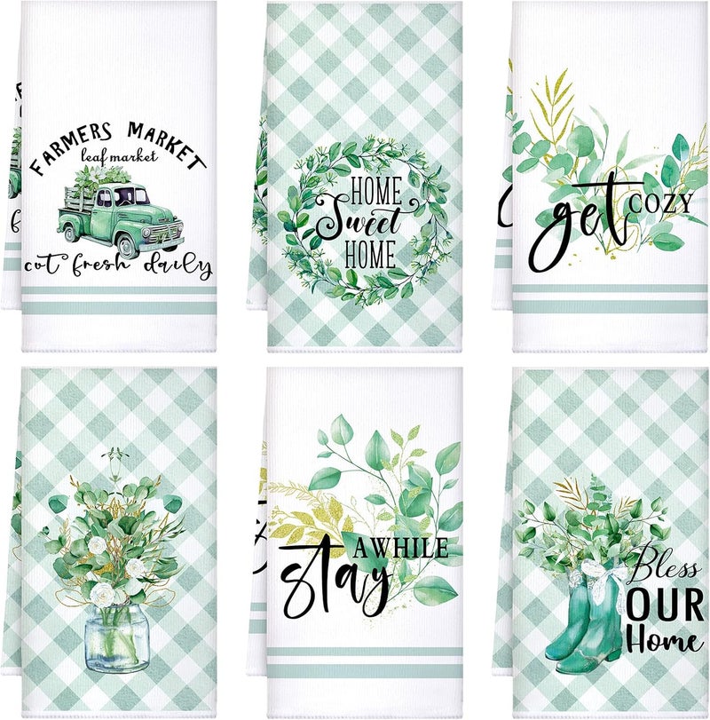 Boyiee Set of 6 Eucalyptus Kitchen Towels Green Leaves Dishtowels Absorbent Spring Summer Hand Tea Towels 24 x 16 Inch Eucalyptus Lover Gifts Holiday Wedding Gifts for Farmhouse Kitchen Bathroom Decor - Image 1