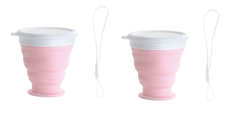 TASKHOUSE Collapsible Outdoor Travel Cup Silicone Folding Water Cups with Lids Drinking Glasses Hot Mug - 200 ML (Pack of 2, Pink) - Image 1