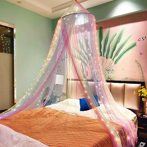 Eimilaly Princess Rainbow Bed Canopy with 250pcs Warm White Curtain Lights Bed Canopy for Girls Room Decor or Unicorn Theme Party