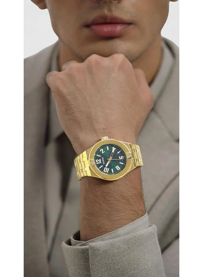 جس GUESS Stainless Steel Men Green Analog Round Dial Watch- Gw0661G2, Gold Band