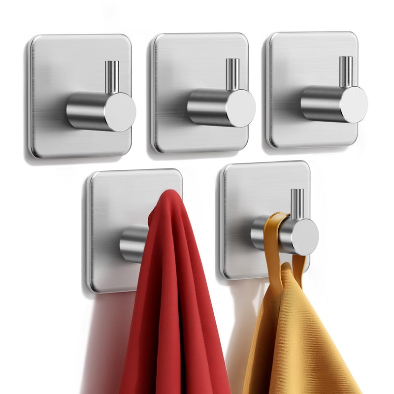 Auxmir Adhesive Hooks Heavy Duty 22lbMax Towel Hooks for Shower 5 Pack Self Adhesive Damage Free Wall Hooks Stainless Steel for Coat Robe Waterproof Oilproof Rustproof for Bathroom Kitchen Office - Image 2