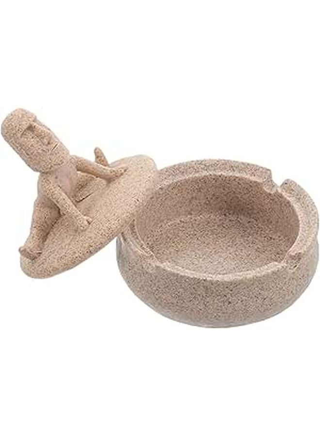 Round Resin Yoga Stone Ashtray With Lid Sandstone Color Smoker Accessory For Office Living Room - Image 1