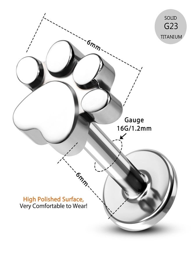 COCHARM G23 Titanium Helix Earrings Stud 16g Flat Back Tragus Piercing 6mm Paw Print Tragus Earrings 16 Gauge Internally Threaded Tragus Stud Hypoallergenic Helix Jewelry - Image 5