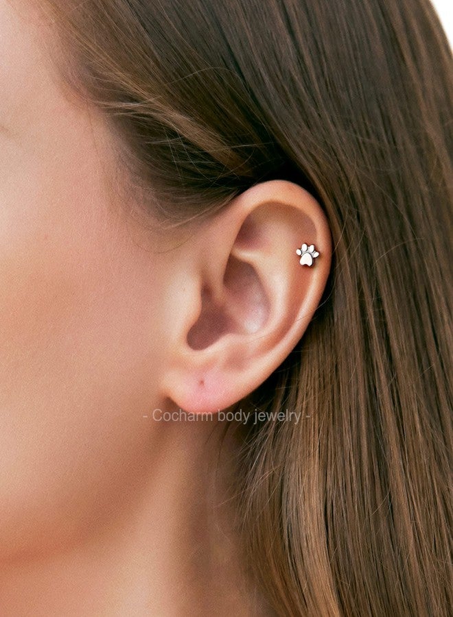 COCHARM G23 Titanium Helix Earrings Stud 16g Flat Back Tragus Piercing 6mm Paw Print Tragus Earrings 16 Gauge Internally Threaded Tragus Stud Hypoallergenic Helix Jewelry - Image 2