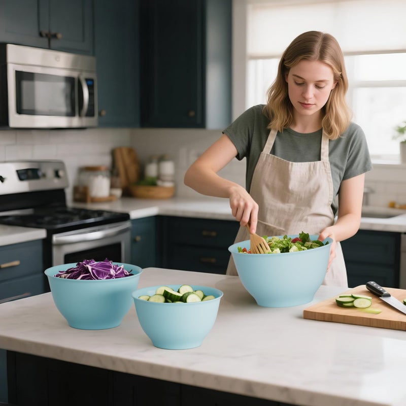 TP Large Mixing Bowl Set with Lids, Melamine Nesting Bowls Set for Pasta Baking Salad Mixing, Set of 3, Glossy Turquoise - Image 5