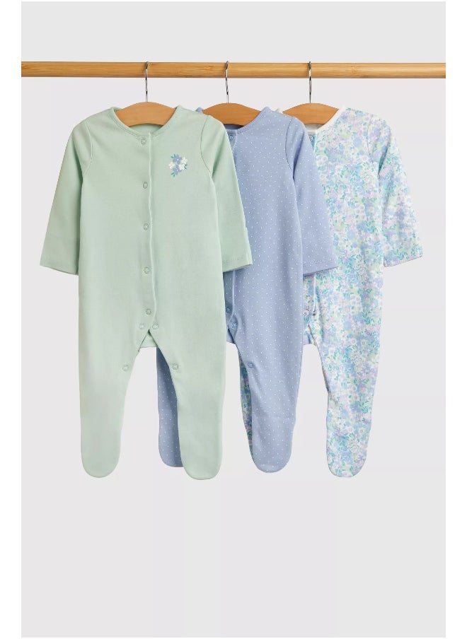 mothercare - Blue Floral Baby Sleepsuits - 3 Pack - Image 1