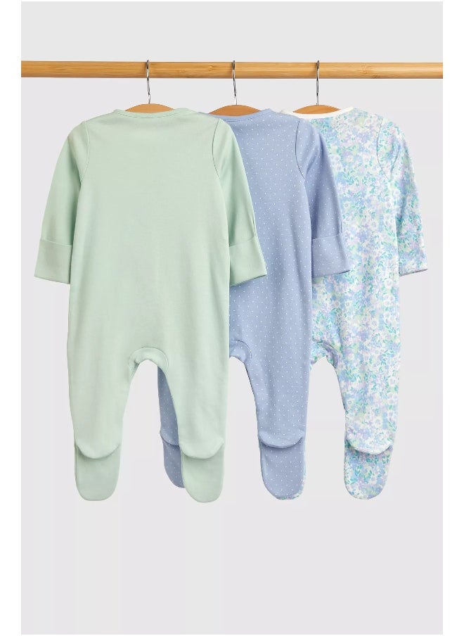 mothercare - Blue Floral Baby Sleepsuits - 3 Pack - Image 1