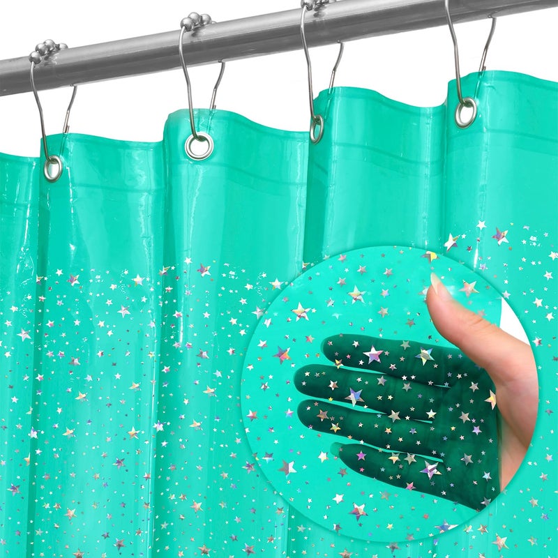 ZEMAHOME Green Holographic 3D EVA Shower Curtain Liner Glitter Star, 72x72 Premium Light Weight Plastic Bathroom Shower Curtain with Rustproof Metal Grommets for Shower Stall, Bathtubs(No Hooks) - Image 1