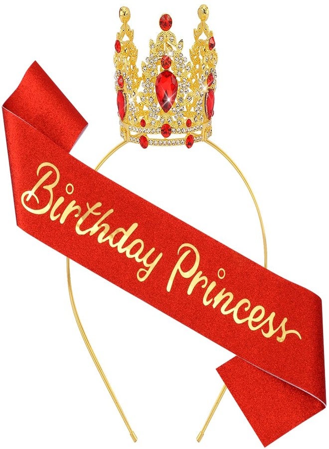 AOPRIE Birthday Princess Sash for Women Tiara & Crowns Headbands for Girls Happy Birthday Party Accessories Favor Supllies Leona Gold Red Pink, 2 Pack - Image 1