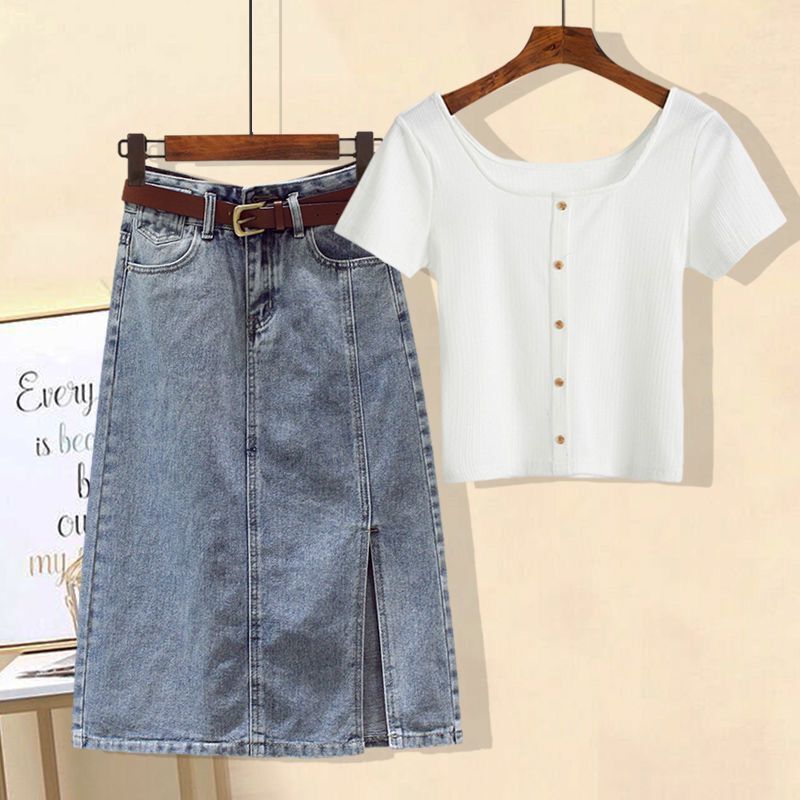 Womens Dress Chubby Girl Summer New Arrival suit Womens Short-Sleeved Top Belly-Covering Slimming Denim dress Two-Piece Set White top + denim skirt