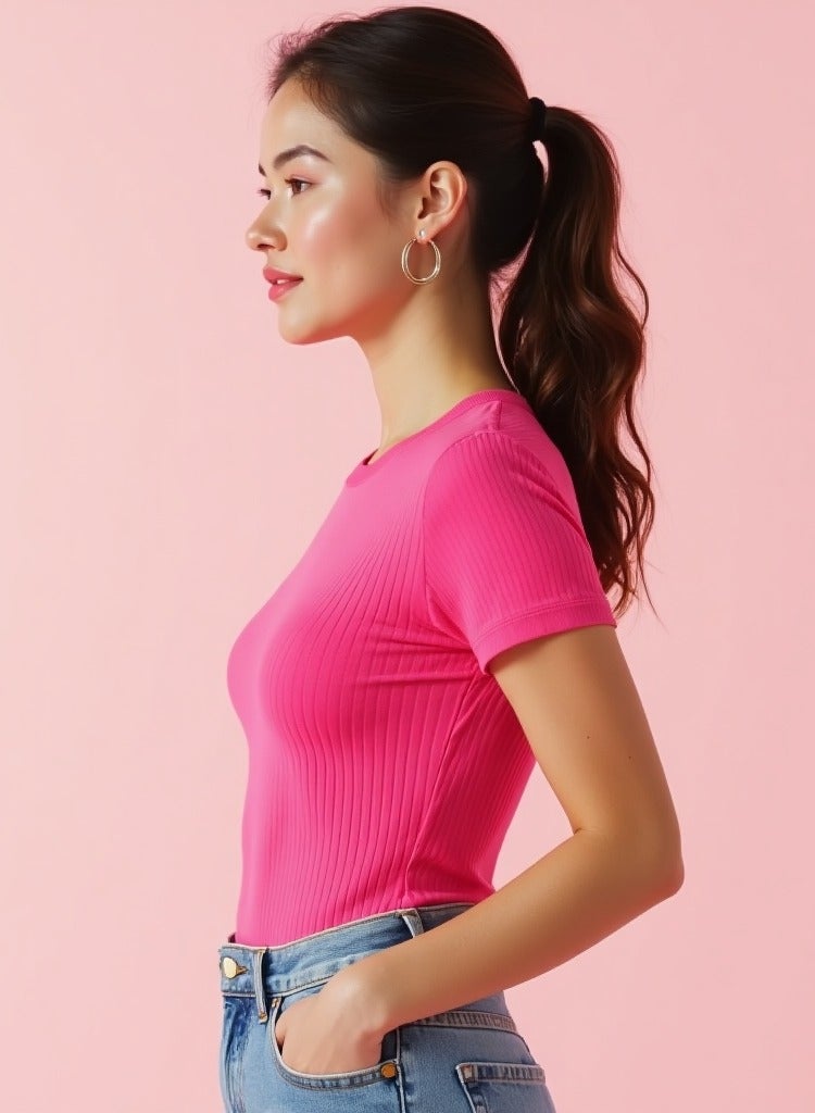 Soft Steps "Women's Ribbed Short Sleeve Crew Neck Top – Soft  Fitted T-Shirt | Sizes L Fuchia - Image 2