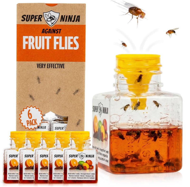 Super Ninja Fruit Fly Traps for Indoors 6 Pack Highly Effective Fruit Fly Catcher for Indoor Use for Home Kitchen Up to 3 Weeks of Performance per Bottle Kid Pet Friendly - Image 2