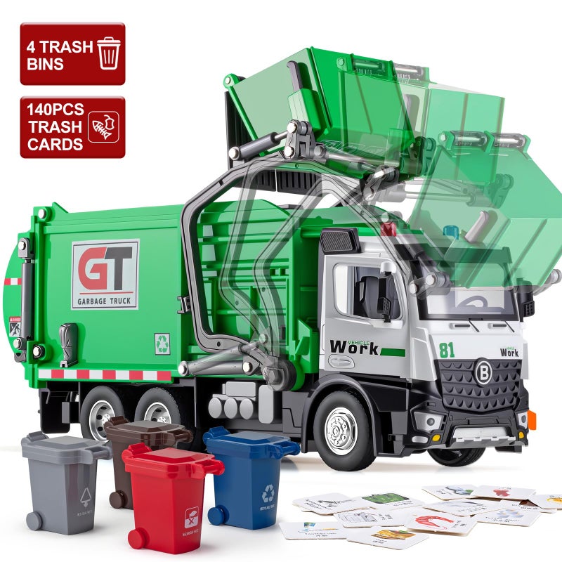 HAPYAD Garbage Truck Toys Metal Cab Realistic Trash Truck Toys for Boys Kids with Lights and Sounds Friction Powered Recycling Vehicles Front Loader with Dumpster 4 Trash Bins 12 - Image 3