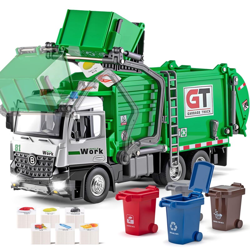 HAPYAD Garbage Truck Toys Metal Cab Realistic Trash Truck Toys for Boys Kids with Lights and Sounds Friction Powered Recycling Vehicles Front Loader with Dumpster 4 Trash Bins 12 - Image 2