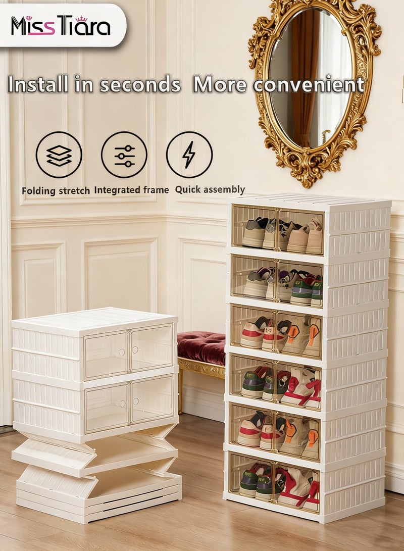MissTiara Shoe Storage Organizer, Clear Installation-free Foldable Shoe Rack Stackable Shoe Box Pack, Portable Cabinet Rack Magnetic Clear Doors Compact Foldable Space-Saving Shoe Storage Boxes (2×6 layer) - Image 1