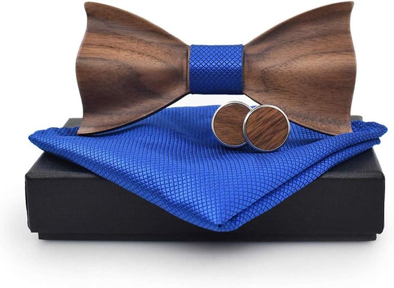 Elfeves Novelty Wood Bow Tie Handmade Groom Groomsman Pre-tie Bowtie Pocket Square and Men's Cufflinks Set with Gift Box - Image 2
