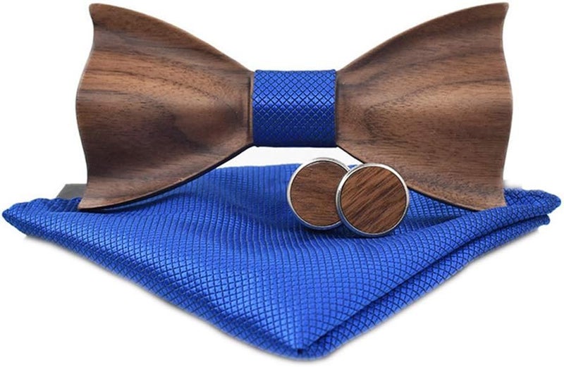 Elfeves Novelty Wood Bow Tie Handmade Groom Groomsman Pre-tie Bowtie Pocket Square and Men's Cufflinks Set with Gift Box - Image 1